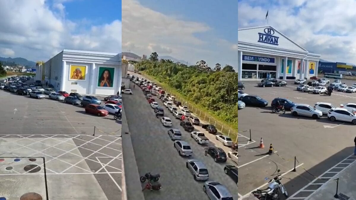 montagem com imagens das filas ao redor do posto de gasolina da havan, em palho&ccedil;a