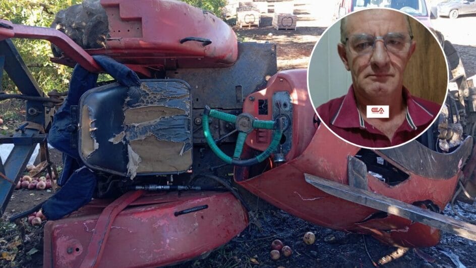 foto do trator tombado com uma colagem que mostra a foto da vítima