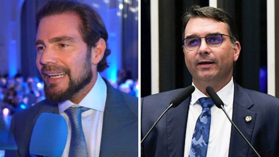 Flávio Bolsonaro admitiu que pediu investimento a Vorcaro para filme sobre Bolsonaro (Foto: Redes sociais, Reprodução; Jefferson Rudy, Agência Senado)