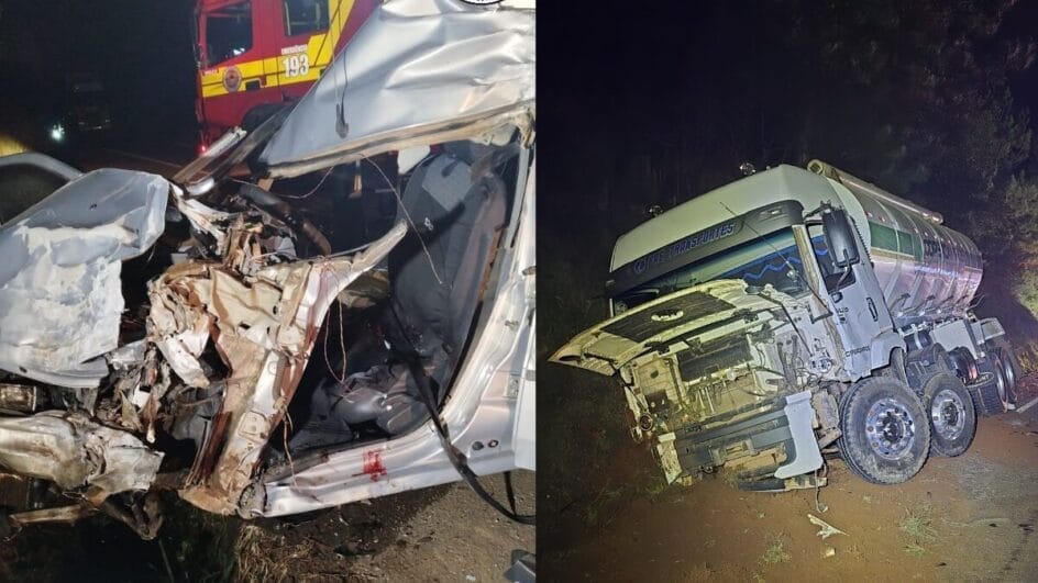 carro e caminhão destruídos após acidente