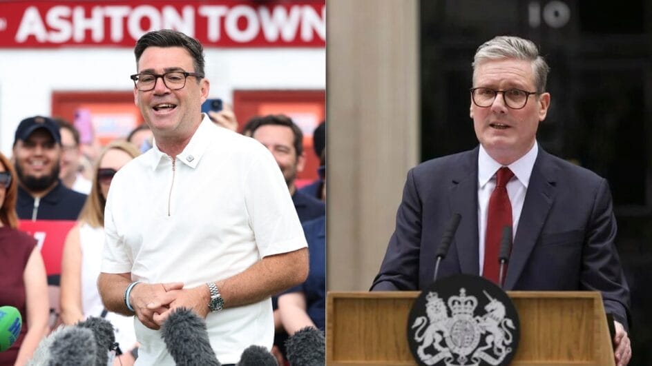 Andy Burham (à esquerda) desponta como principal candidato após Keir Starmer (à esquerda) renunciar cargo de primeiro-ministro