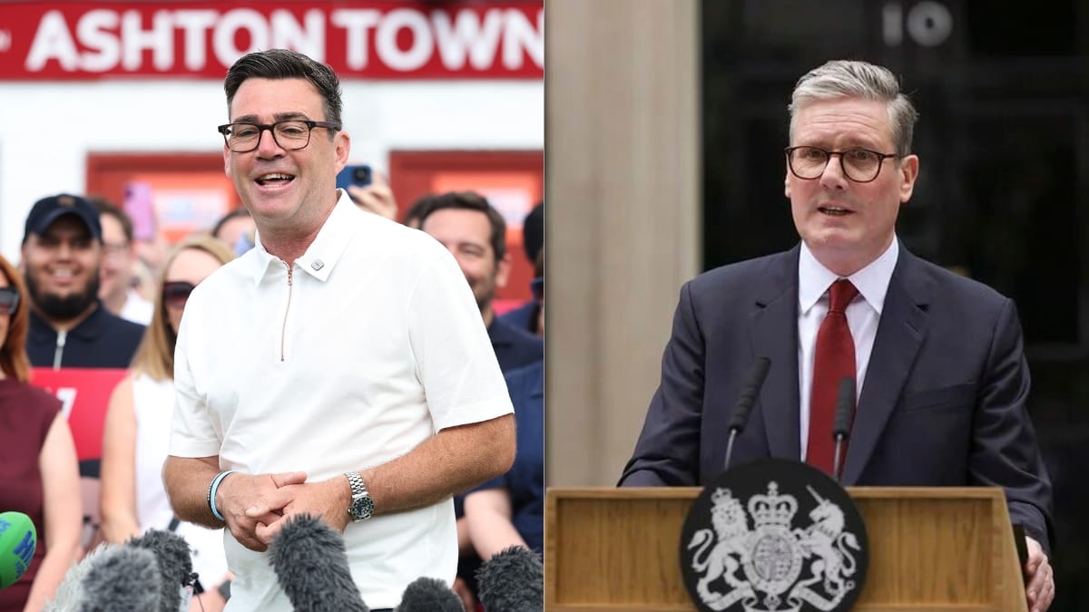 Andy Burham (à esquerda) desponta como principal candidato após Keir Starmer (à esquerda) renunciar cargo de primeiro-ministro