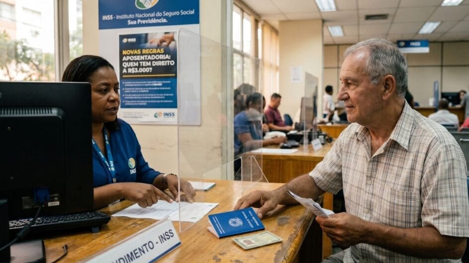 Imagem mostra um senhor idoso de pele branca e uma atendente do INSS numa agência do órgão. A mesa tem documentos, como CLT, para ilustrar matéria sobre aposentadoria do INSS