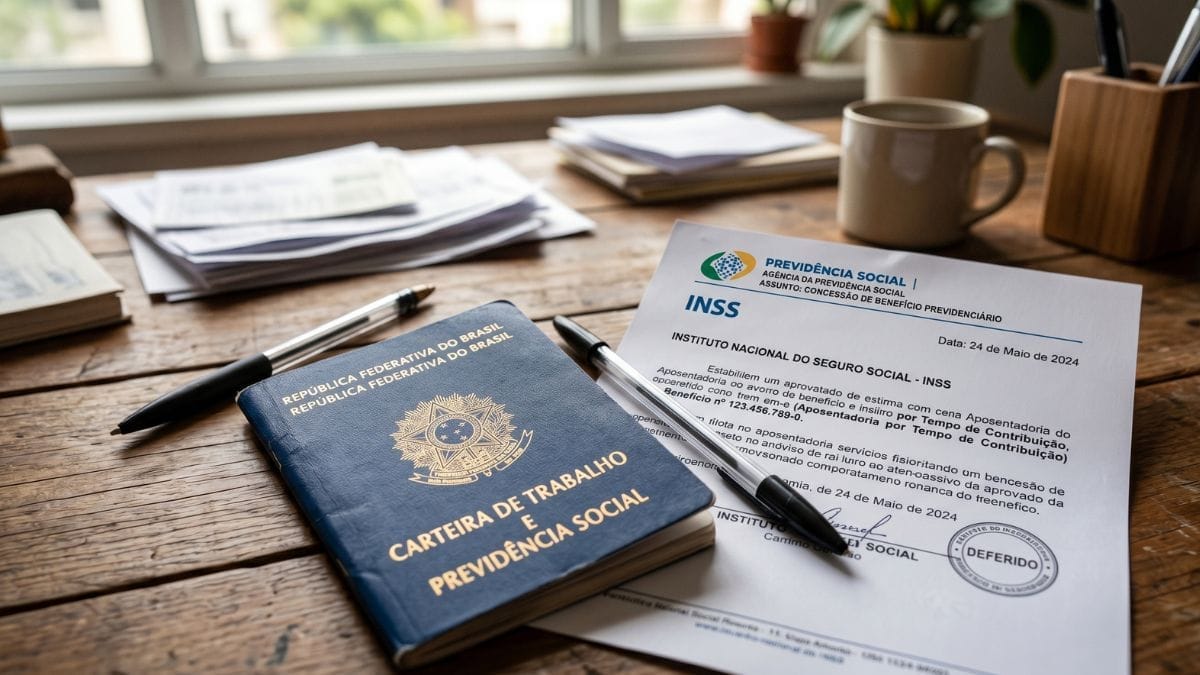 Imagem mostra uma carteira de trabalho CLT em cima da mesa com um documento representa o deferimento de aposentadoria do INSS
