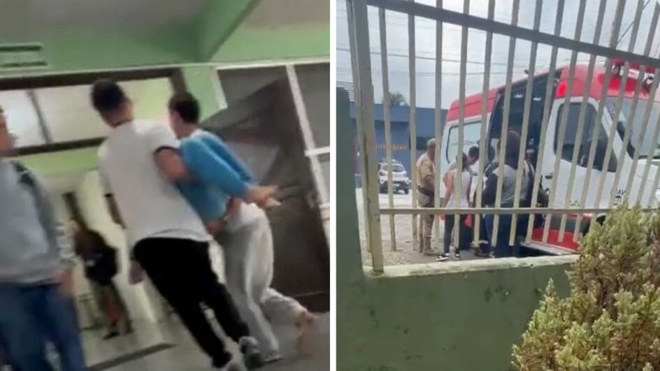 Aluna sendo carregada em escola de Joinville por outros dois, imagem de ambulância fora da escola