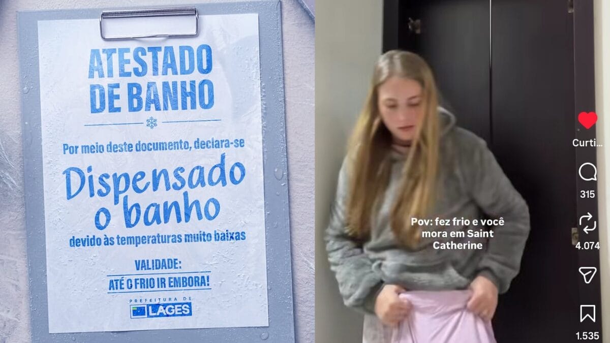 à esquerda, comunicado da Prefeitura de Lages, com "atestado de banh" para o frio; à direita, imagem congelada de vídeo onde internauta se agasalha