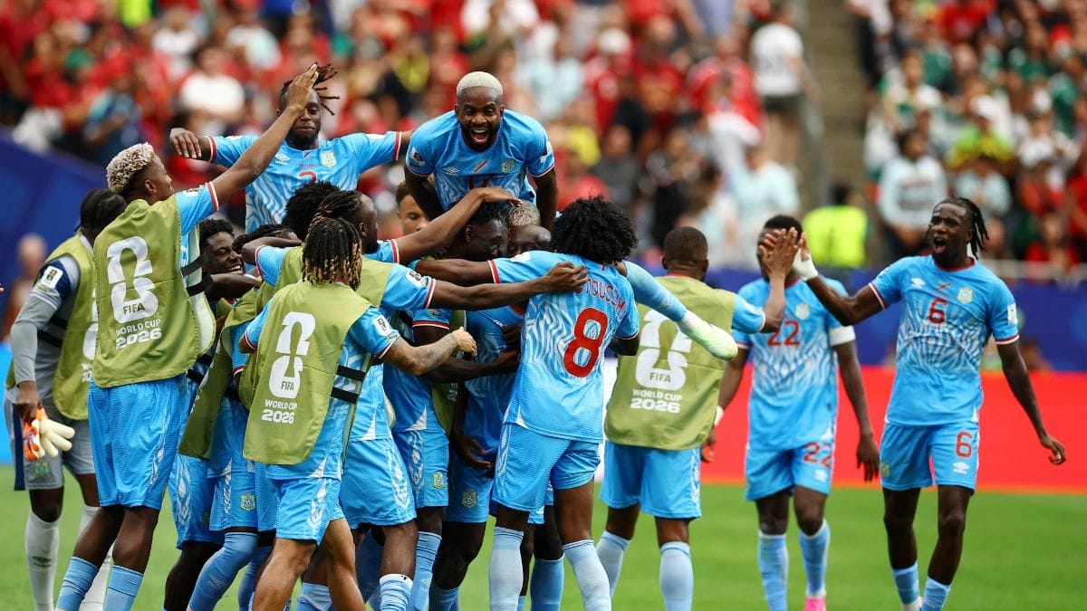 Jogadores da RD do Congo celebra gol marcado contra Portugal