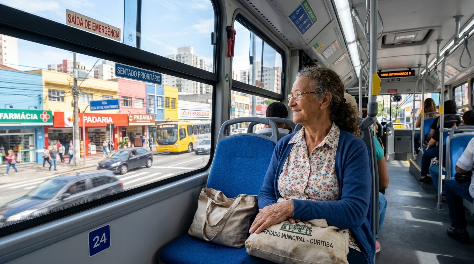 Foto mostra idosa dentro de ônibus de transporte coletivo para ilustrar reportagem sobre o Marco do Transporte
