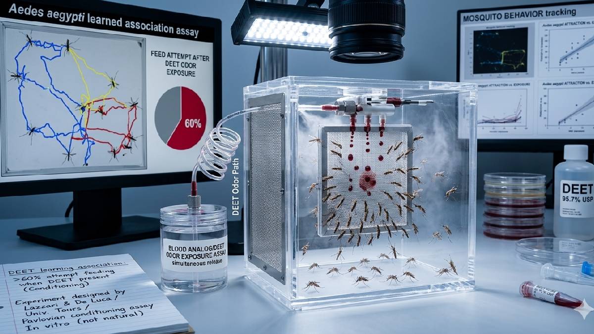 Eestudo avaliou se mosquitos poderiam relacionar o cheiro do repelente &agrave; oferta de alimento (Imagem gerada por IA, Google Gemini)