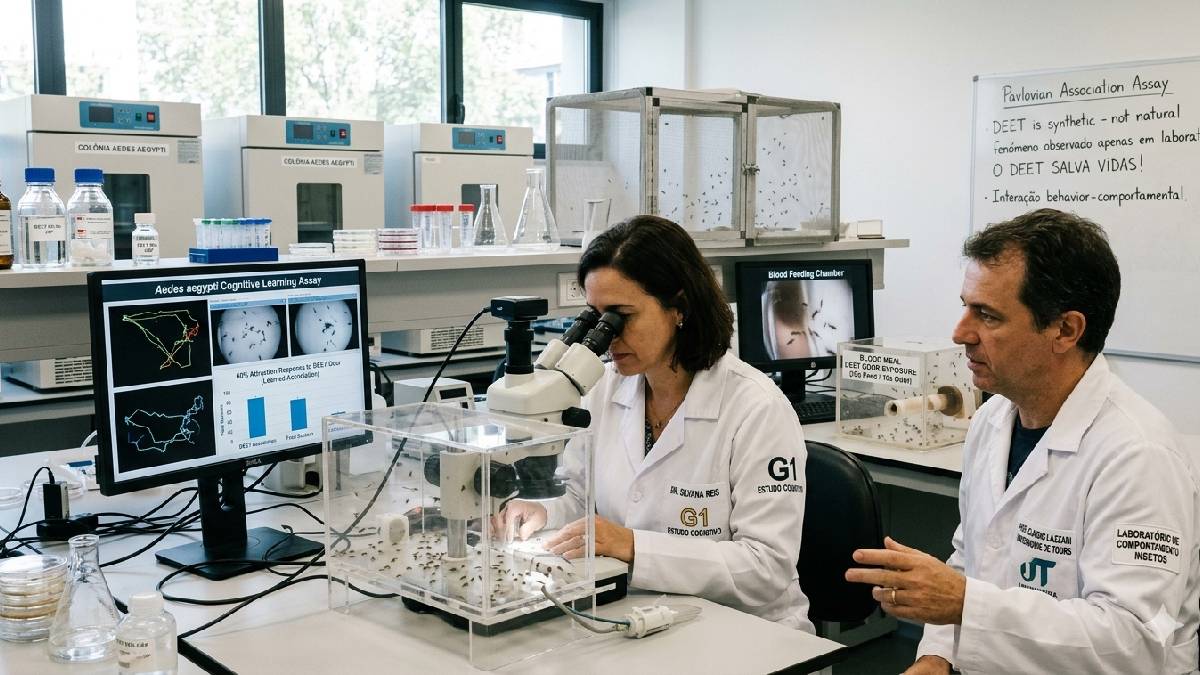 Pesquisadores da Universidade de Tours conduzem experimento em laborat&oacute;rio para investigar as capacidades cognitivas do mosquito Aedes aegypti e sua resposta ao odor do repelente DEET (Imagem gerada por IA, Google Gemini)