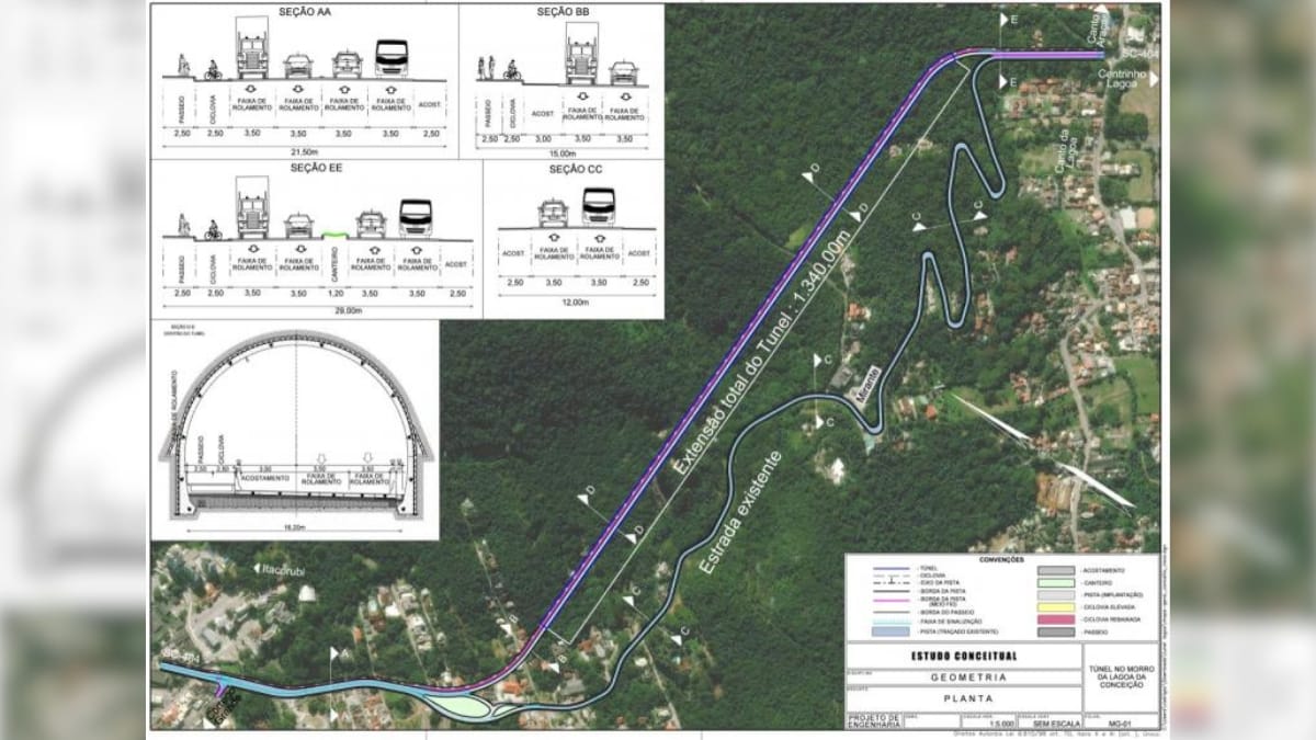O projeto previa um túnel com ciclovia no Morro da Lagoa da Conceição (Foto Divulgação, PMF)