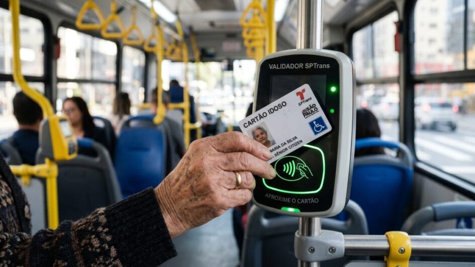 Imagem mostra a mão de uma pessoa idosa acionando o passe livre no equipamento da catraca de ônibus de transporte coletivo para ilustrar reportagem sobre marco do transporte