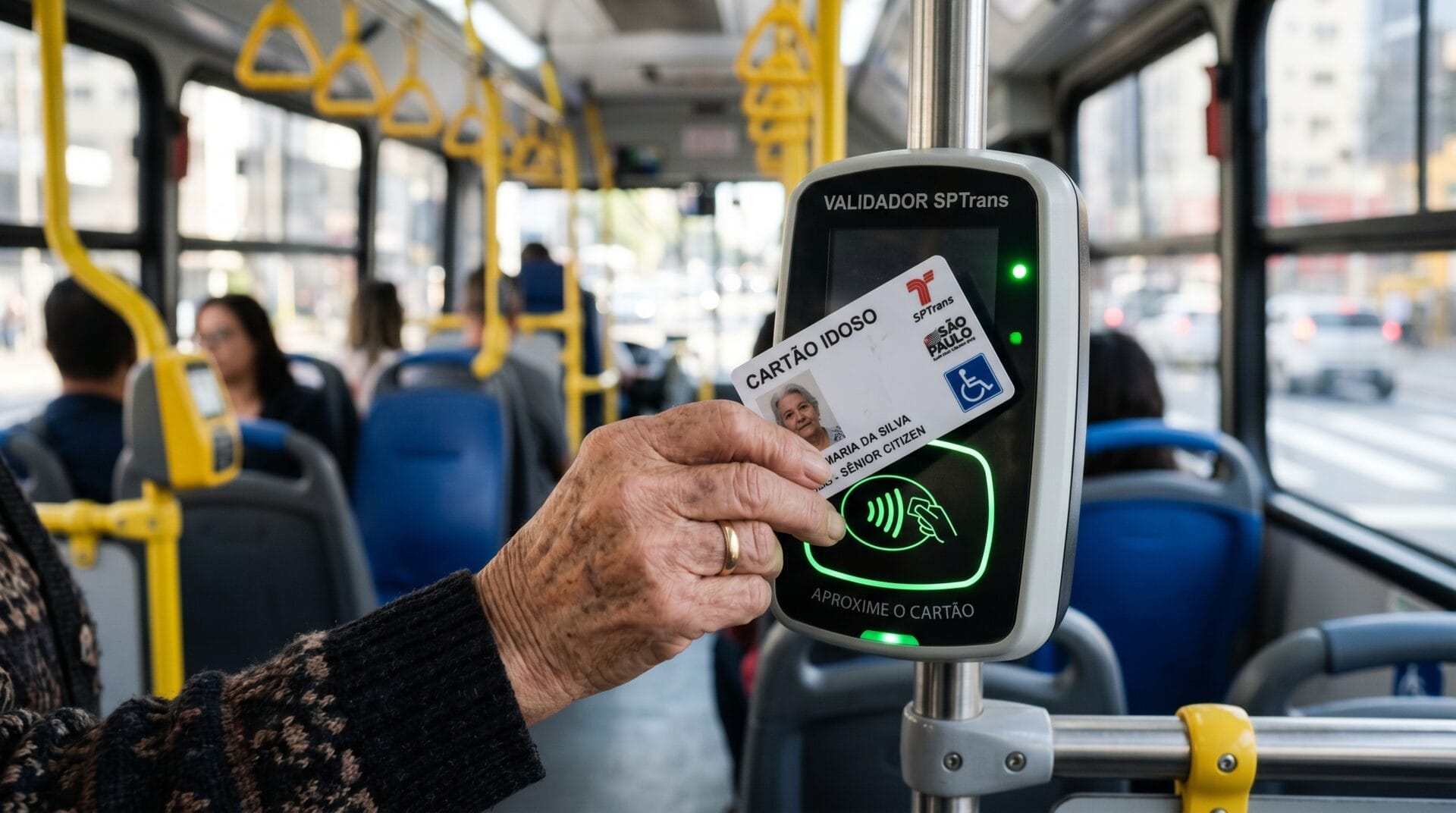 Imagem mostra a mão de uma pessoa idosa acionando o passe livre no equipamento da catraca de ônibus de transporte coletivo para ilustrar reportagem sobre marco do transporte