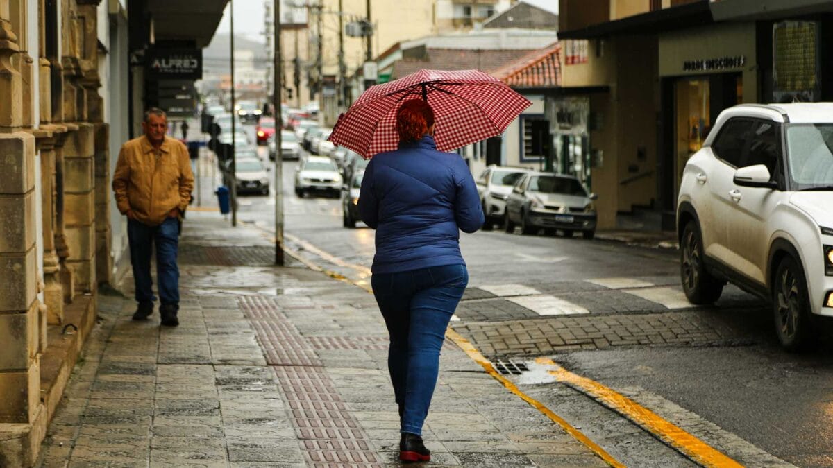 mulher de costas usando casaco andando na rua segurando um guarda chuva