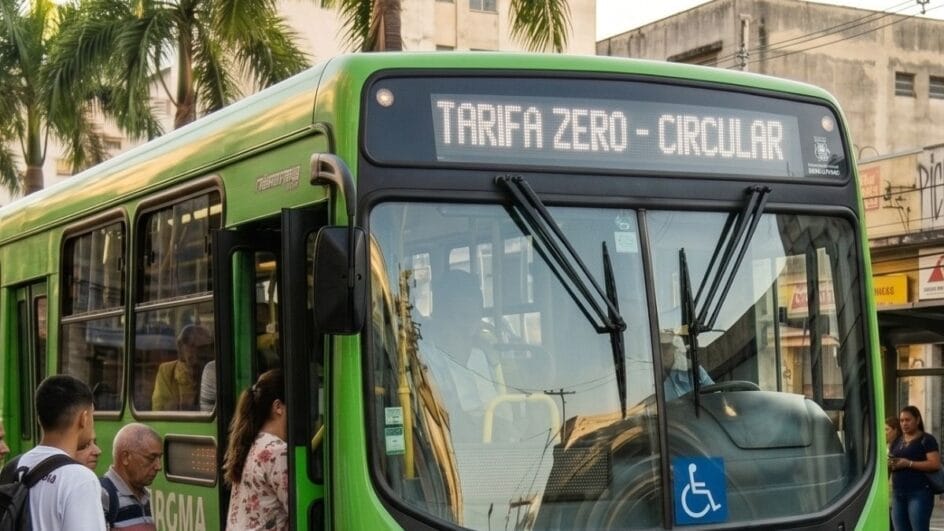 Imagem mostra o letreiro de um ônibus verde característico do transporte público brasileiro com a frase "tarifa zero - circular"