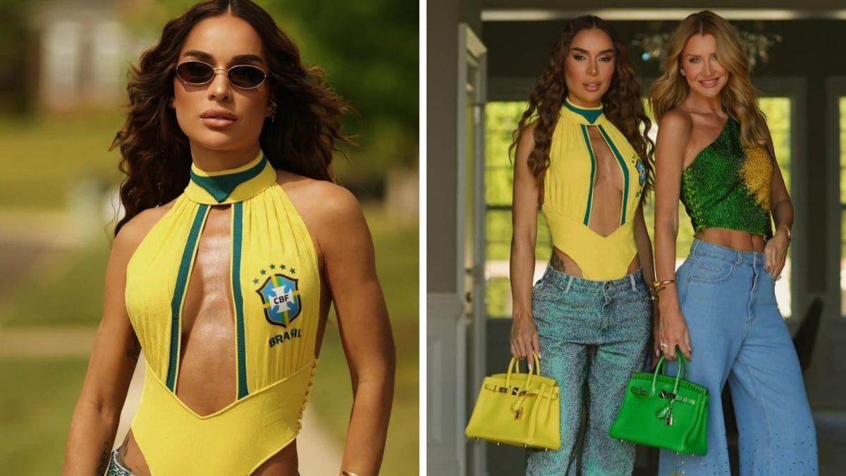 Tati Barbieri e Ana Paula Siebert Justus exibem looks nas cores da Seleção Brasileira antes de jogo do Brasil na Copa do Mundo, na Filadélfia, com bolsas Hermès Birkin verde e amarela.