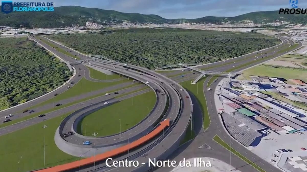 Vista aérea do trecho Centro–Norte da Ilha, com elevado existente destinado à SC-401 e separação do tráfego em relação ao novo projeto viário do CIC.
