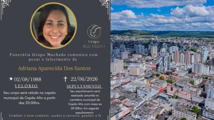 à esquerda obituário de mulher vítima de feminicídio, à direita foto da cidade de Lages