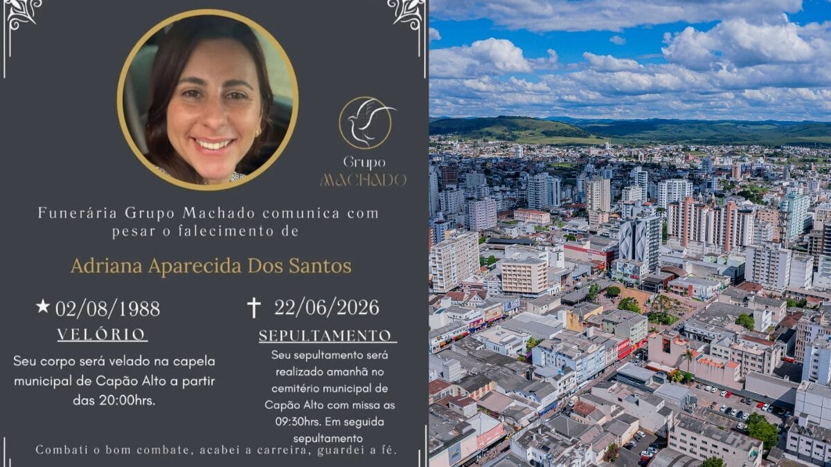 &agrave; esquerda obitu&aacute;rio de mulher v&iacute;tima de feminic&iacute;dio, &agrave; direita foto da cidade de Lages