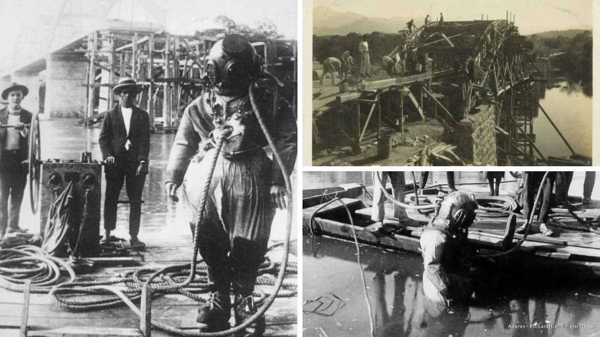 Escafandrista trabalhando na construção da Ponte dos Arcos em Indaial, Santa Catarina, no ano de 1925, utilizando traje metálico e mangueiras