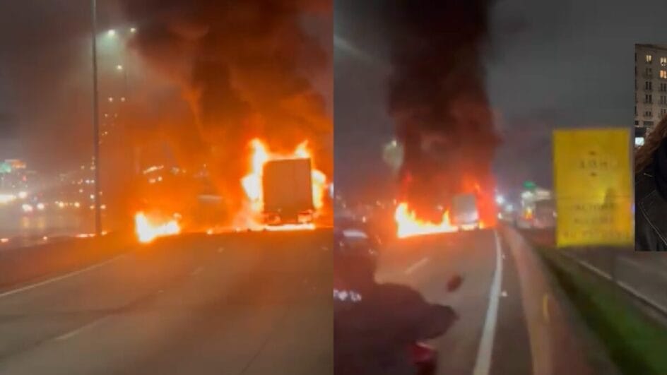 Incêndio atingiu caminhão nesta madrugada (Foto: Thiago Fontoura, NSC TV)