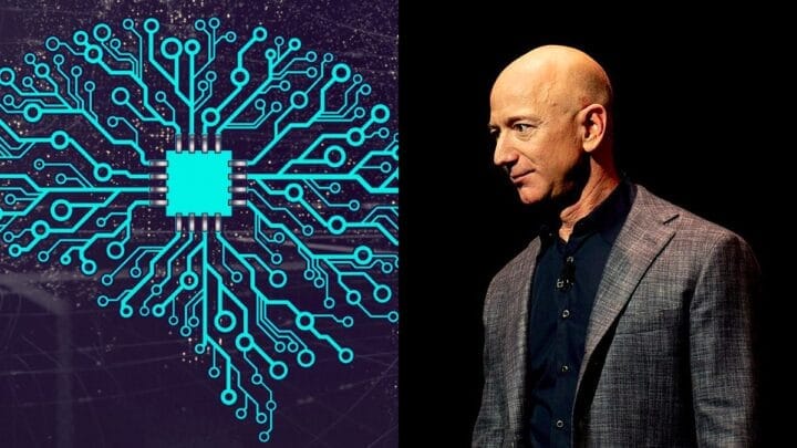 Jeff Bezos com ilustração de rede neural ao fundo, representando o investimento de US$ 500 milhões na startup de neuro-IA Flourish