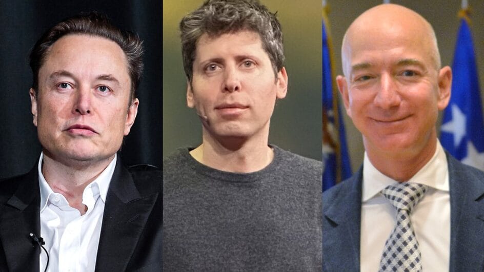 Recortes de Elon Musk, Sam Altman e Jeff Bezos, representando a cultura de 92 horas semanais do Vale do Silício