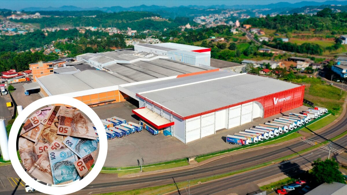 imagem aérea de fábrica, com círculo destacado com imagem de dinheiro