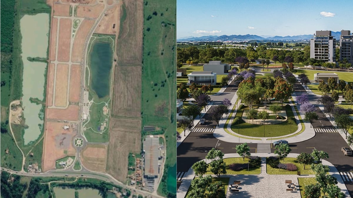 Antes e depois do projeto do bairro planejado Flores de Sal (Foto: Divulga&ccedil;&atilde;o, Google Maps/Flores de Sal)