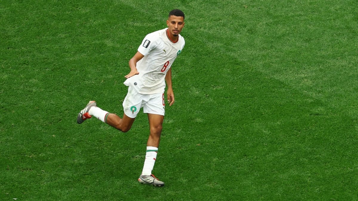 Azzedine Ounahi, do Marrocos, comemora o segundo gol da equipe.