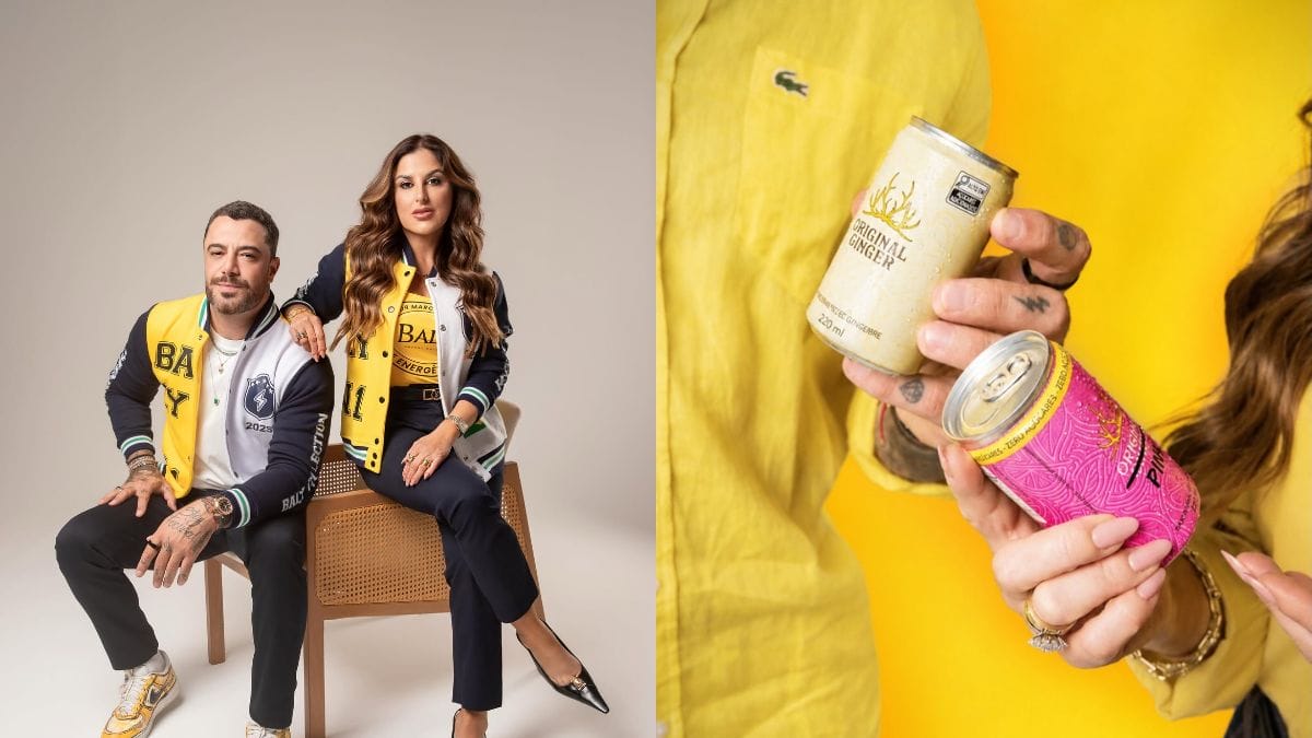 Duas fotos lado a lado. Na esquerda, o ator Felipe Titto e a empresária Dayane Titon sentados, vestindo jaquetas universitárias nas cores amarelo, preto e branco com a marca Baly estampada. Na direita, em detalhe aproximado, mãos segurando duas latas do refrigerante funcional Original Ginger, uma de sabor gengibre e outra na cor rosa.