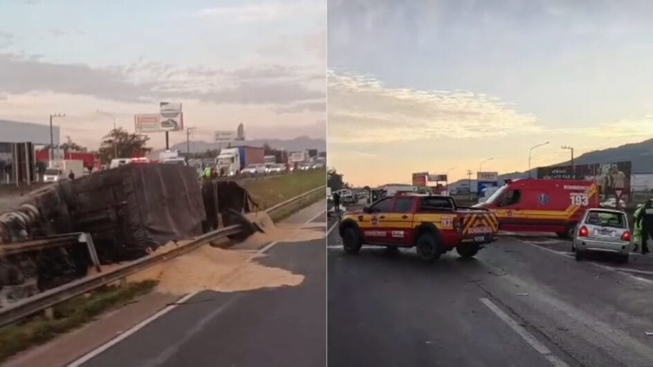 Caminhão capota na BR-101 em Tijucas (Foto: Arquivo pessoal/Guarda Municipal)