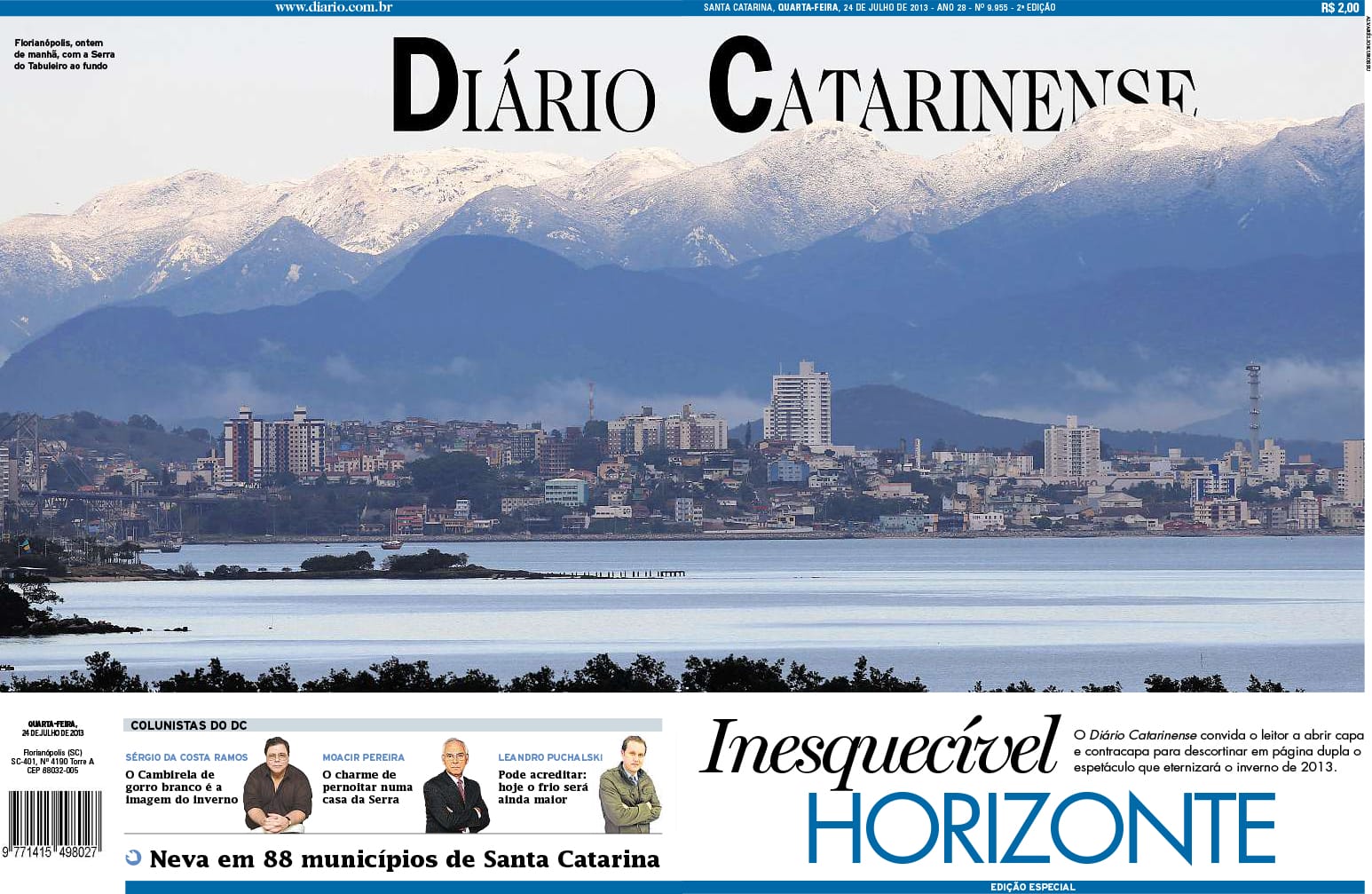 Capa do Diário Catarinense com o Morro do Cambirela coberto de gelo