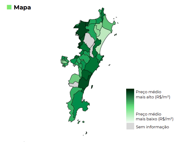 Mapa dos bairros de Florianópolis com maior preço de venda