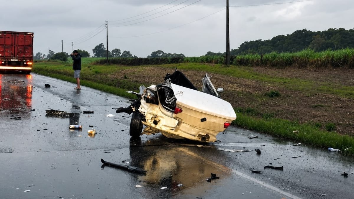 Carro ficou completamente destru&iacute;do ap&oacute;s a colis&atilde;o com uma carreta na BR-470, em Campos Novos (Foto Reprodu&ccedil;&atilde;o, Michel Teixeira/PRF/CBMSC)