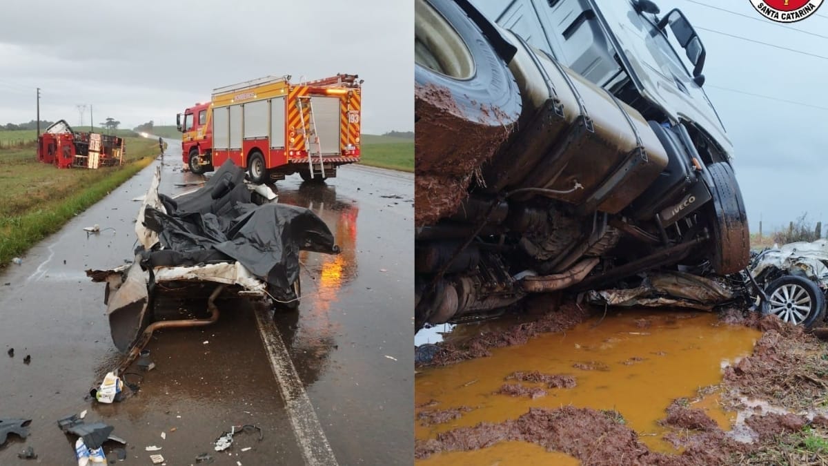 Carro ficou completamente destru&iacute;do ap&oacute;s a colis&atilde;o com uma carreta na BR-470, em Campos Novos (Foto Reprodu&ccedil;&atilde;o, Michel TeixeiraPRFCBMSC)
