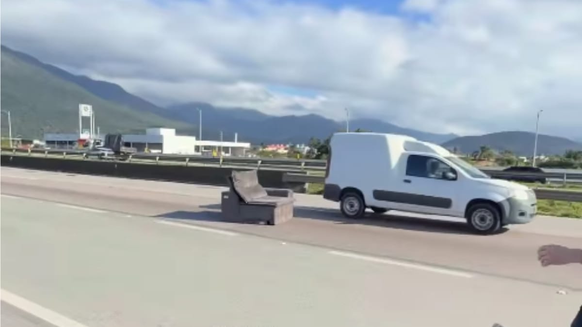 Casal precisou parar o carro para retirar o móvel (Foto: Divulgação, Redes Sociais)