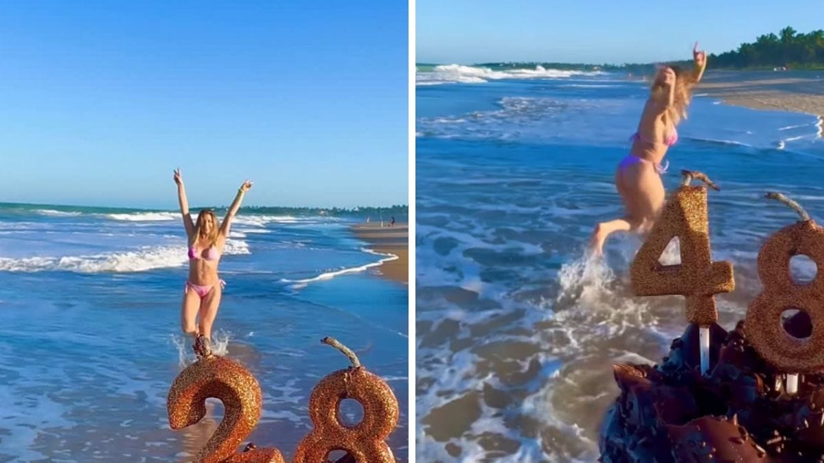 De biquíni na praia, Sheila Mello comemora aniversário correndo da vela: “Quarenta e OITÃO com tudo em cima!”