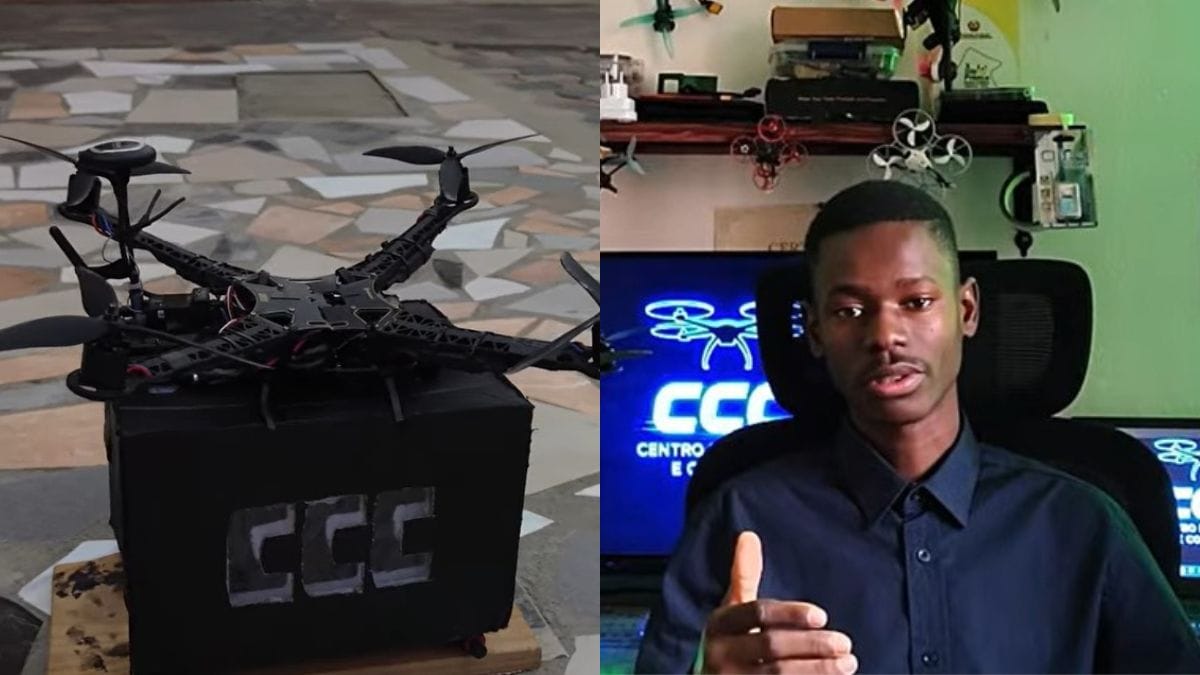 Montagem de imagem dividida ao meio. À esquerda, um drone de entrega de cor preta está pousado sobre uma caixa de transporte escura com a sigla CCC estampada em cinza. À direita, o jovem inventor moçambicano Cleiton Michaque aparece de frente, vestindo camisa social azul-escura e gesticulando com a mão em um ambiente de oficina com notebooks e equipamentos eletrônicos ao fundo