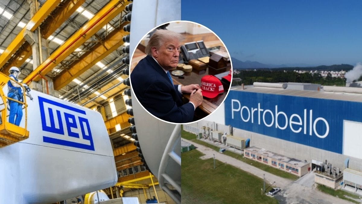 Foto mostra as fachadas das empresas WEG e Porttobello para ilustrar matéria sobre ida de representantes de SC para audiência nos EUA contra tarifas de 25% sobre produtos