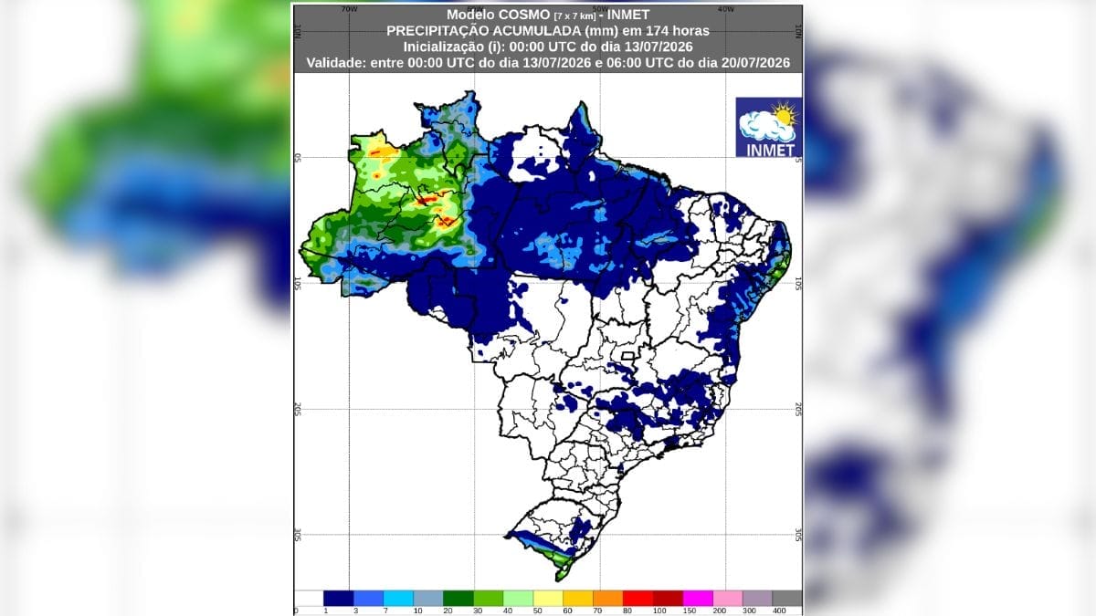 Figura 1 Previsão de chuva acumulada (13 a 20 de julho de 2026) do modelo Cosmo (