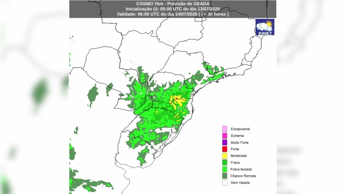 Figura 3: Mapa de previsão de geada para 03h (horário de Brasília) de terça-feira, 14 de julho de 2026, proveniente do modelo de previsão numérica do tempo COSMO. Tons em verde indicam chance remota ou geada fraca. Em amarelo geada moderada. Em vermelho geada forte. Fonte: INMET.