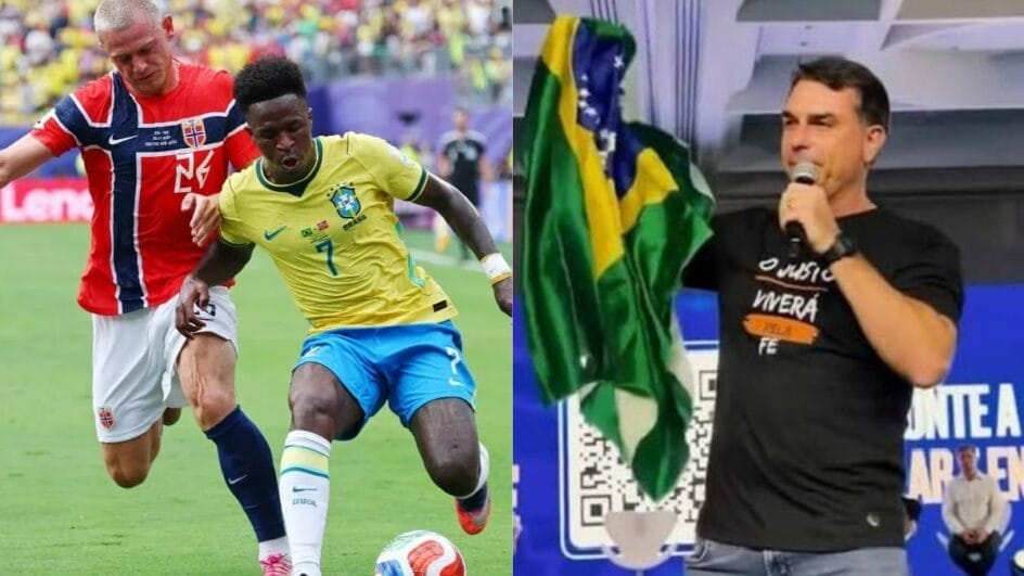 Flávio Bolsonaro faz referência ao fato de a seleção brasileira masculina não ser campeã da Copa do Mundo desde o penta, em 2002 (Foto Reprodução, Reuters/Redes Sociais)