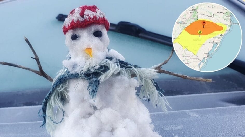Boneco de geada com alerta do Inmet para geada