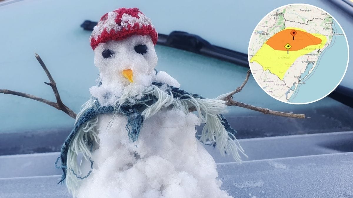 Boneco de geada com alerta do Inmet para geada