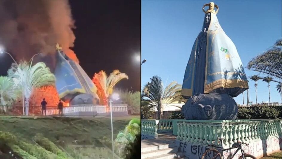 Imagem de Nossa Senhora Aparecida foi completamente destruída pelo incêndio na entrada de Nerópolis (Foto Divulgação, Redes Sociais)