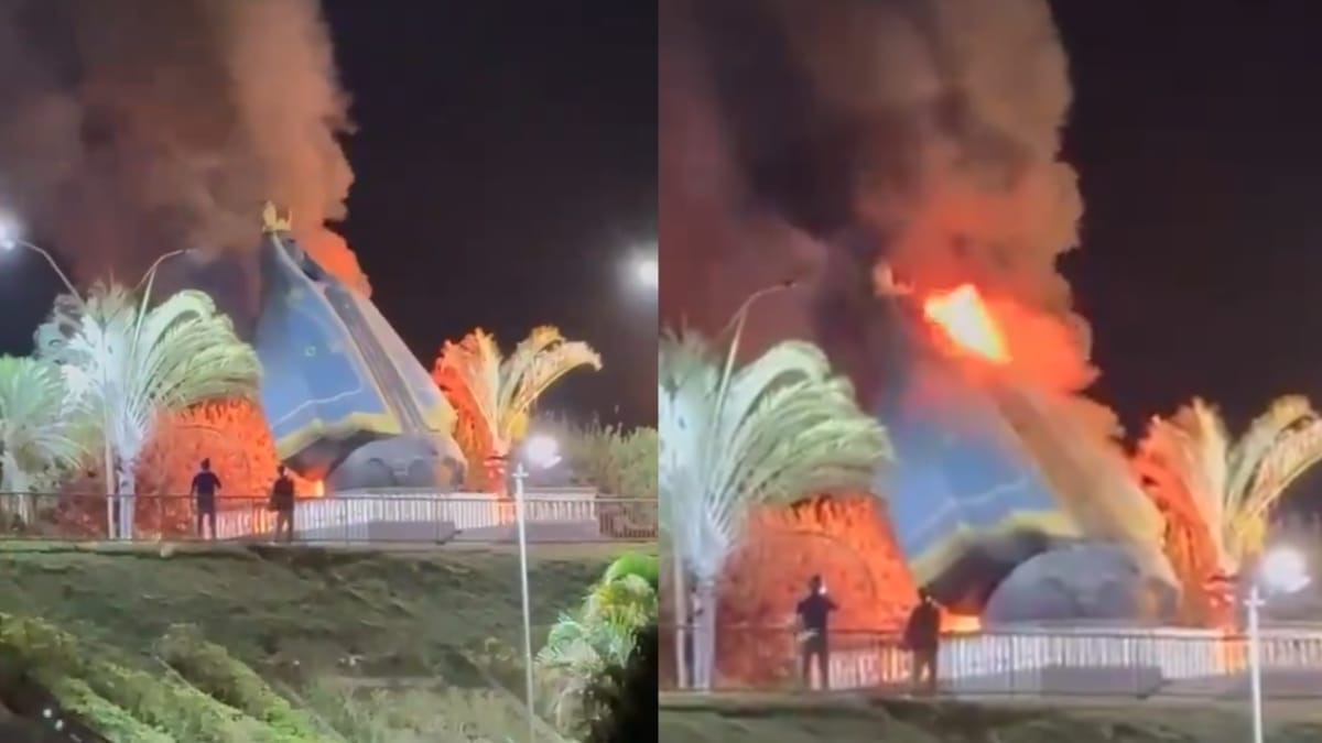 Imagem de Nossa Senhora Aparecida foi completamente destruída pelo incêndio na entrada de Nerópolis (Foto Divulgação, Redes Sociais)