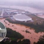 Imagens aéreas mostram Havan no RS, que foi devastada por enchente de 2024, cercada pela água novamente