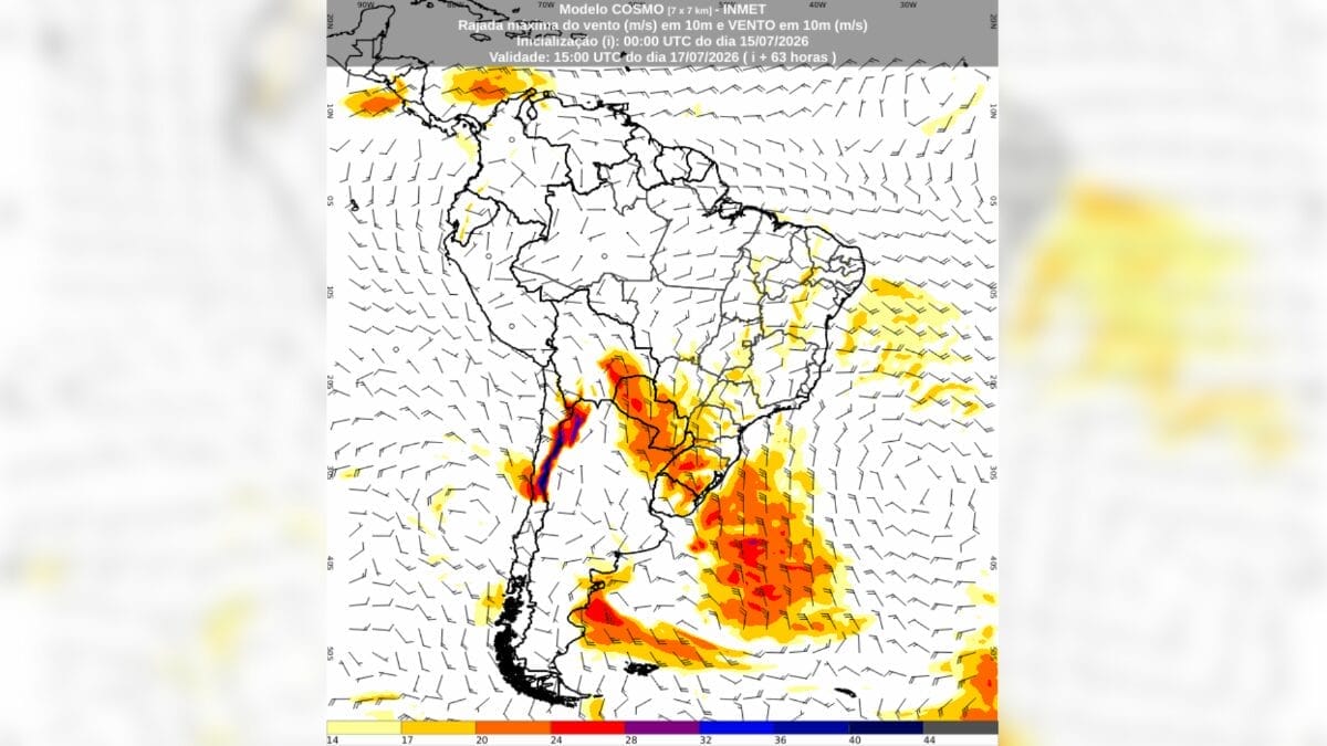 Mapa de previsão de velocidade máxima do vento a 10 metros acima da superfície para 12h (horário de Brasília) do dia 17 de julho de 2026, proveniente do modelo de previsão numérica do tempo COSMO. Tons em vermelho indicam valores de rajada do vento maiores do que 24 metros por segundo (cerca de 80 km/h). Fonte: INMET.
