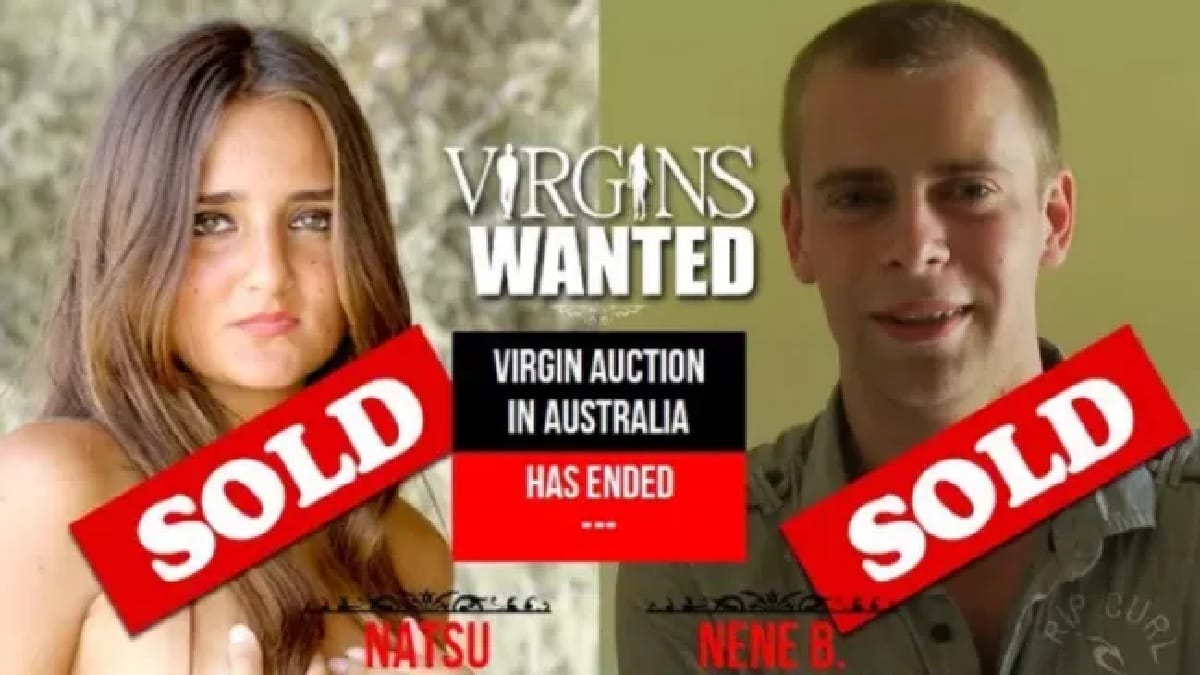Material de divulgação de “Virgins Wanted” mostrava o encerramento do leilão, com lance de US$ 780 mil atribuído a um japonês identificado como Natsu. (Foto: Reprodução / Instagram / Catarina Migliorini FC)